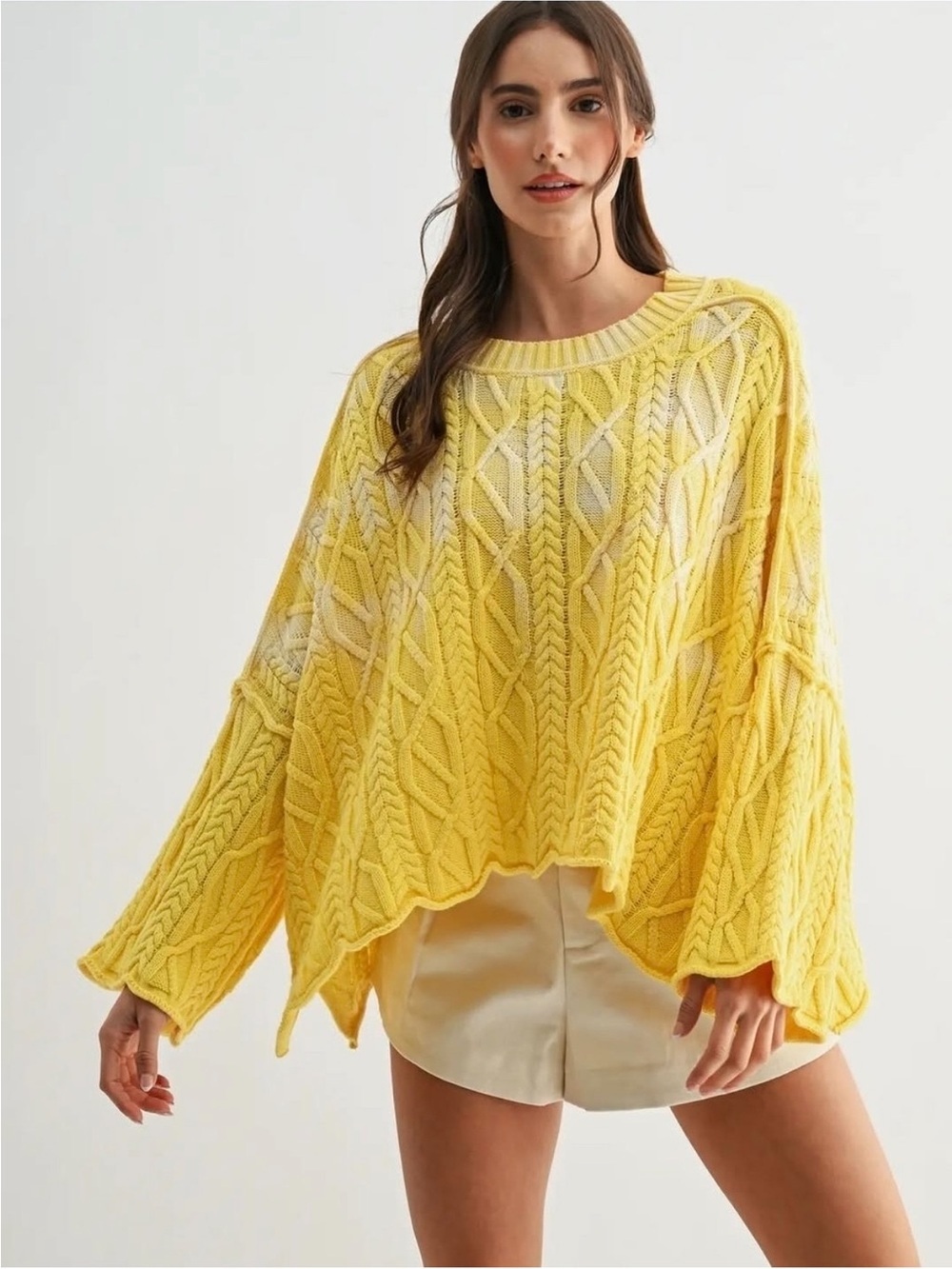 Free People Washed Ashore Oversized Yellow Cable Knit Fisherman Sweater - Picture 5 of 11